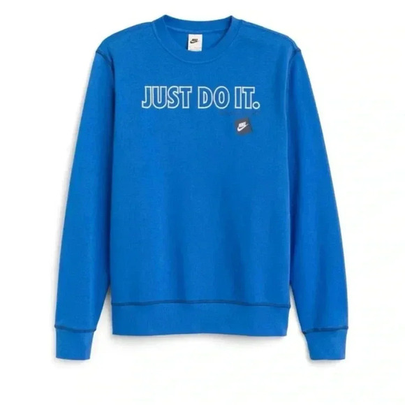 NWOT Nike Just Do It Bright Cobalt Blue Unisex Fleece Crew Neck Sweatshirt. - Picture 1 of 6